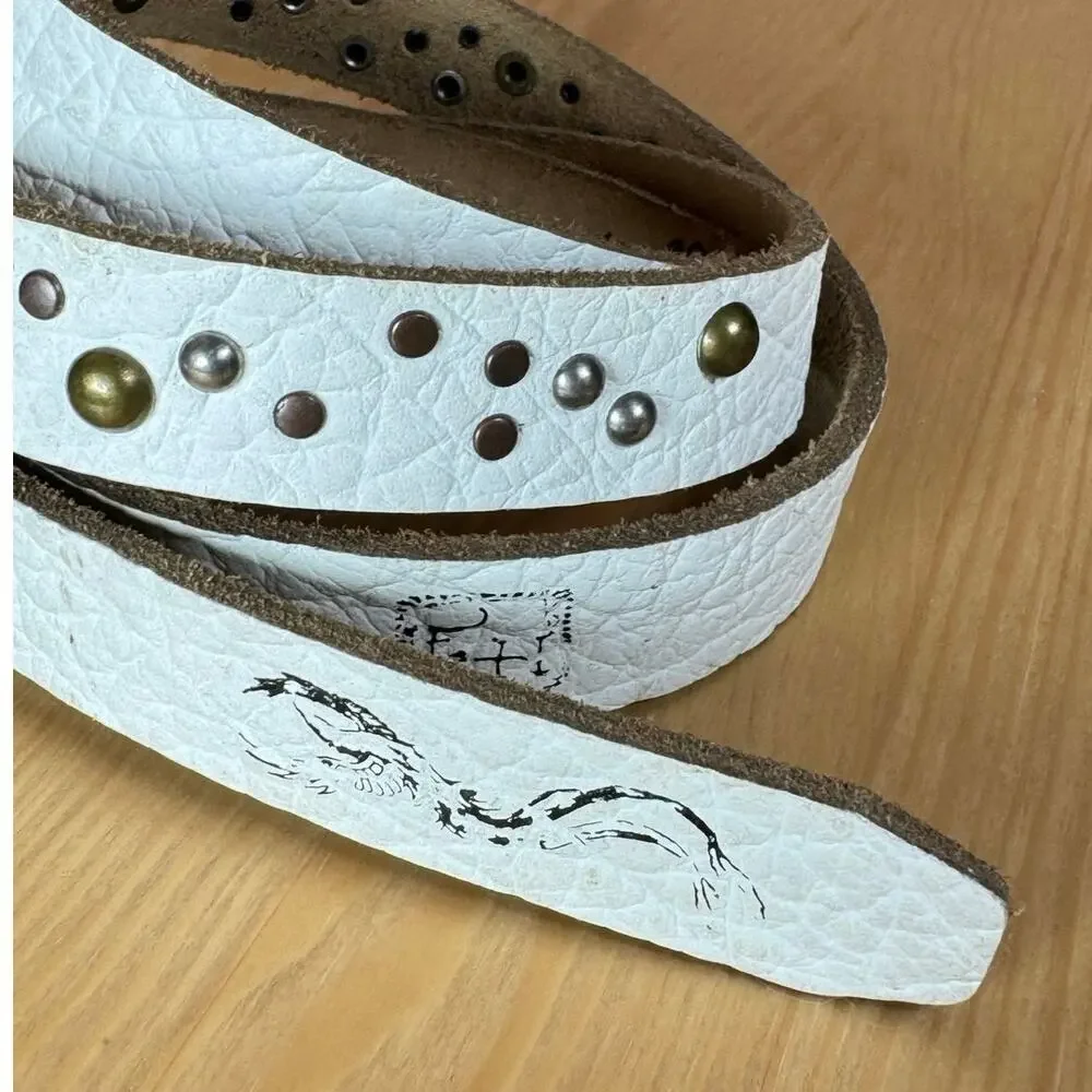 VTG Y2K Ed Hardy Womens Belt White Leather Studded Thin Handmade Grunge Large